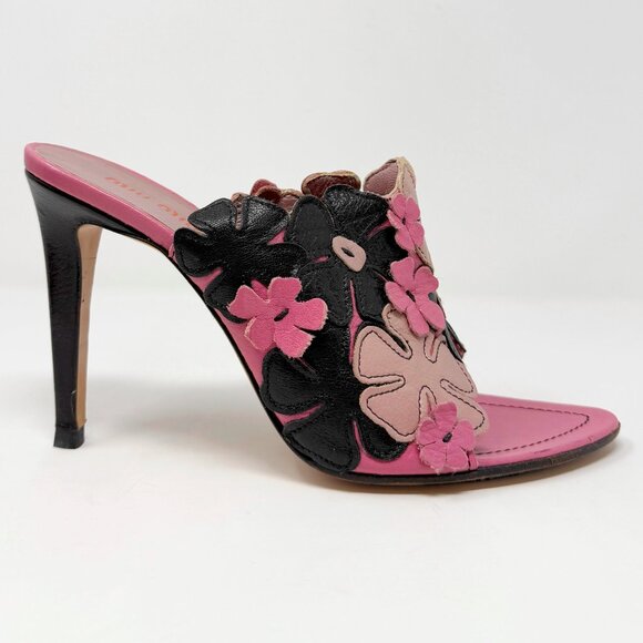 Vintage Miu Miu Y2K Mules Floral Pink Black Heels – Size 38.5 - Picture 3 of 9